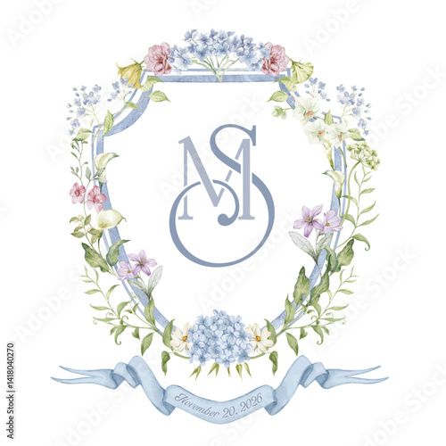 Elegant hand painted watercolor floral wedding crest with MS SM Monogram. vector illustration