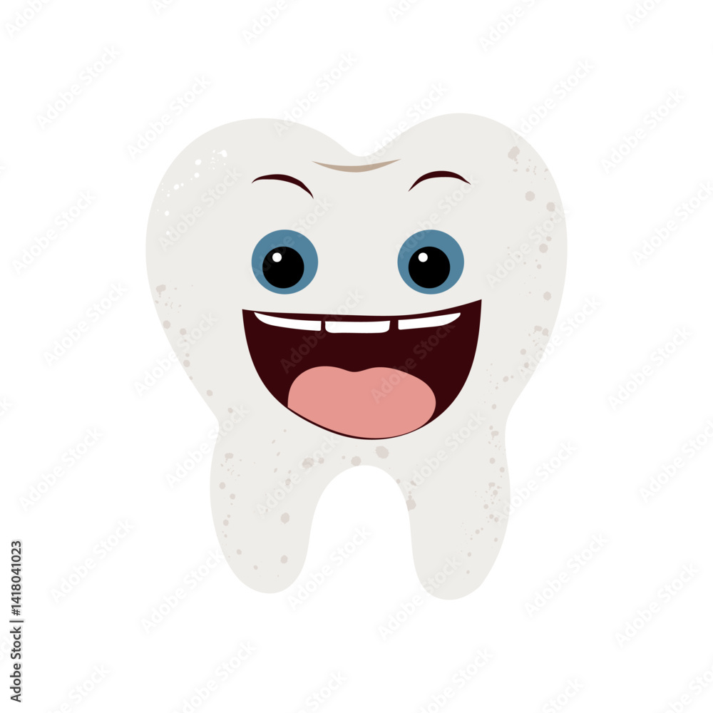 Obraz premium Cute tooth character cute funny stickers with faces. Oral hygiene, kids oral care and dental health concept. Flat vector illustration.