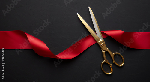 Elegant Gold Scissors Cutting Red Ribbon on Black Background Grand Opening Ceremony Concept