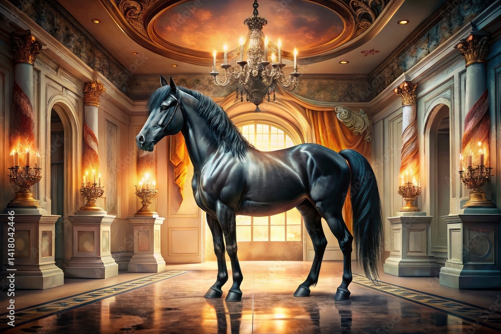 Black Horse Portrait, Glossy Coat, Chandelier Lighting, Elegant Decor, Symmetrical Interior, Equestrian Photography, Dark Horse, Horse Art