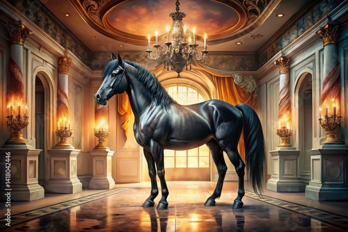 Obraz na płótnie Black Horse Portrait, Glossy Coat, Chandelier Lighting, Elegant Decor, Symmetrical Interior, Equestrian Photography, Dark Horse, Horse Art w salonie