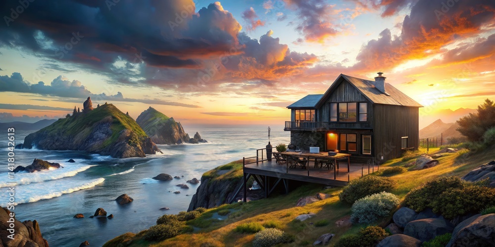 Black House Oceanfront, AI Generated Food Photography, Coastal Cuisine, Dark Wood Cottage