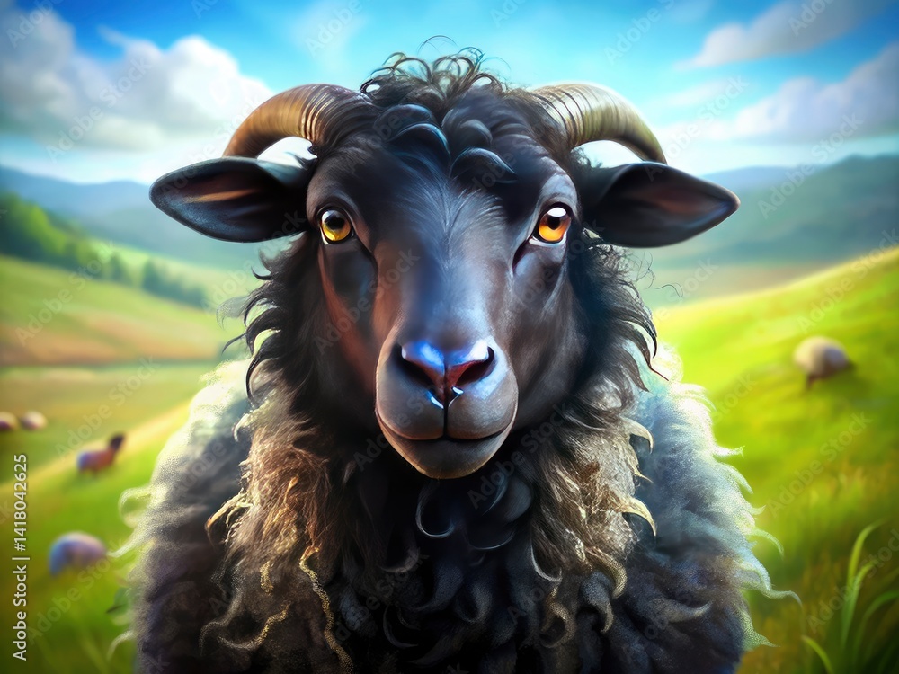 Black Sheep Close Up, Curious Farm Animal, Thick Wool, Curved Horns, Rural Livestock Photography