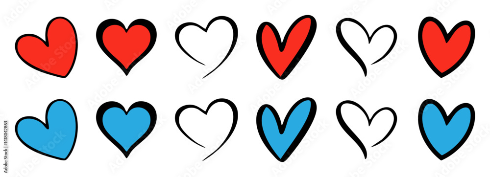 Colorful abstract heart icons set. Hand drawn red & blue line art love symbols for valentine’s day, weddings, and romantic designs. Set of 12 hand-drawn hearts in red, blue, and black line style. Colorful abstract heart icons set. Hand drawn red & blue line art love symbols for valentine’s day, weddings, and romantic designs. Set of 12 hand-drawn hearts in red, blue, and black line style.