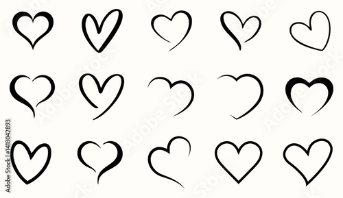 Elegant heart outline icon set. Collection of 15 heart icons in black line art style. Romantic designs, valentine’s day cards, wedding invitations, logos, stickers. Vector illustration.