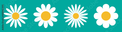 Daisy flower vector icons set in different shape. White petal yellow center flowers with green background. Perfect for spring, nature, botanical design, stickers, patterns, cards, and decor.