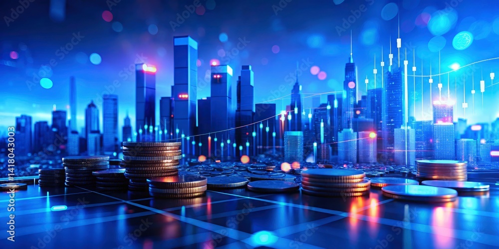 Blue Cityscape Long Exposure Photography: Coins, Charts, Financial Market, Night Scene