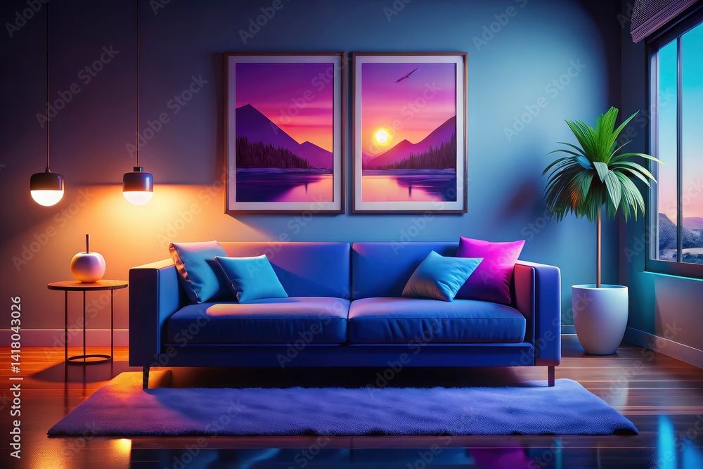 Blue Couch Living Room Interior Design, Modern Home Decor, Wall Art Pictures, Bright Room, Comfortable Sofa