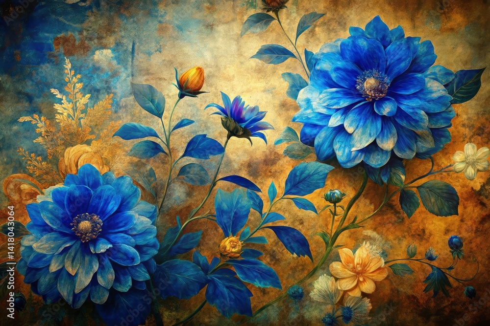 Blue Flowers Vintage Background, Antique Floral Pattern, Low Light Photography Artwork