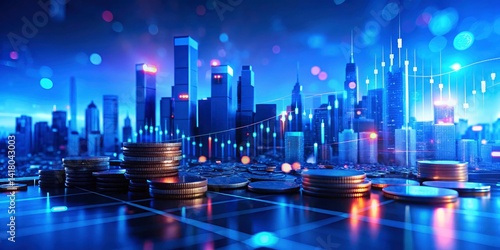 Obraz na płótnie Blue Cityscape Long Exposure Photography: Coins, Charts, Financial Market, Night Scene w salonie