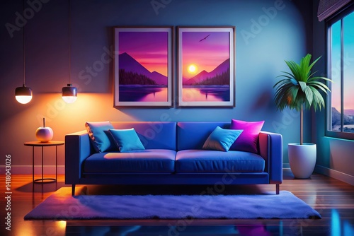 Obraz na płótnie Blue Couch Living Room Interior Design, Modern Home Decor, Wall Art Pictures, Bright Room, Comfortable Sofa w salonie