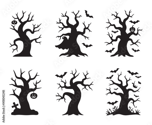Set of halloween spooky tree vector silhouette collection 