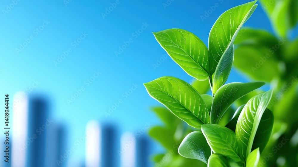 Lush green leaves are prominently displayed with a clear blue sky above, creating a vibrant contrast. Urban buildings softly blur in the background, enhancing nature's beauty