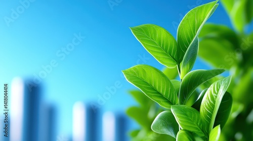 Obraz na płótnie Lush green leaves are prominently displayed with a clear blue sky above, creating a vibrant contrast. Urban buildings softly blur in the background, enhancing nature's beauty w salonie