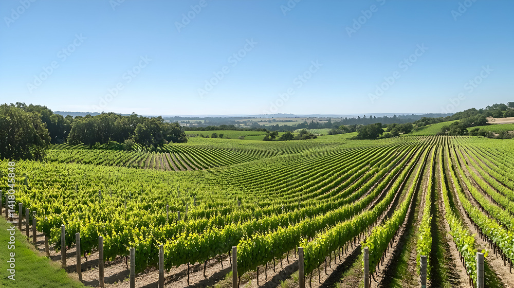Panoramic View Of Vineyard With Rows Of Green Grapes Under Sunny Blue Sky Panoramic View Of Vineyard With Rows Of Green Grapes Under Sunny Blue Sky