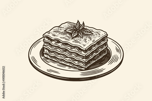 Engraved lasagna slice on plate with basil, vintage style