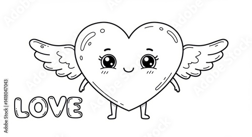 Adorable heart with wings character illustration for Valentine's Day coloring page