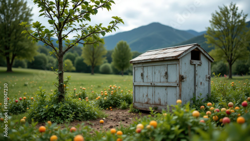 A rustic wooden outbuilding surrounded by a lush garden with fruit trees and wildflowers under a blue sky.
