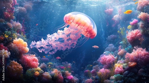 Wallpaper Mural A jellyfish floats gracefully over a vibrant coral reef, sunlight illuminating the scene. Torontodigital.ca