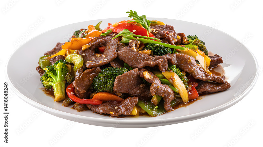 Colorful Stir-Fried Beef and Vegetables Served on a White Plate with Fresh Herbs Garnish Colorful Stir-Fried Beef and Vegetables Served on a White Plate with Fresh Herbs Garnish