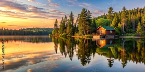 Cabin on a serene lake in Algonquin Provincial Park at sunset with trees reflected in the water, algonquin national park, lake cabin