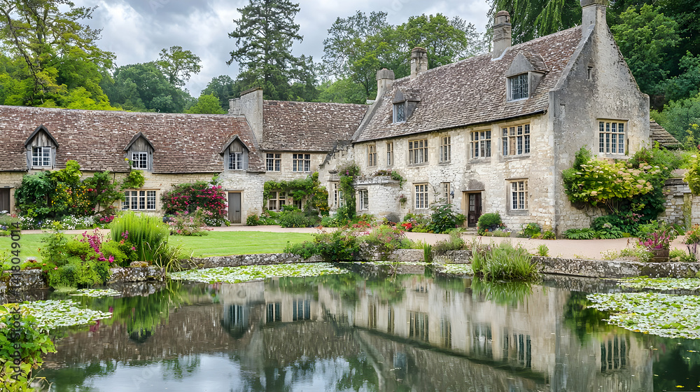 Fototapeta premium Picturesque English Countryside Village With Stone Houses And Pond