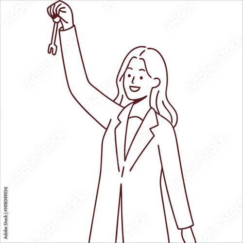 Smiling woman renter or tenant holding key in hands. Happy female celebrate moving or relocation to new own apartment or house style vector ...