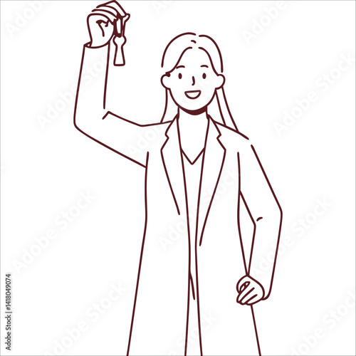 Smiling woman renter or tenant holding key in hands. Happy female celebrate moving or relocation to new own apartment or house style vector ...