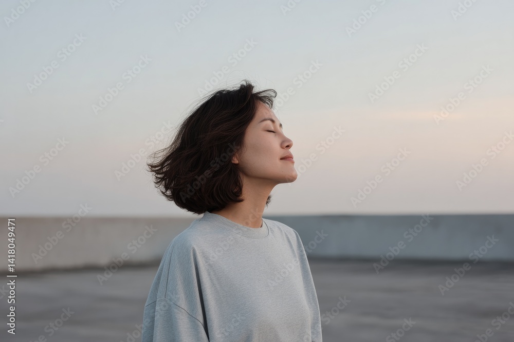 portrait of young asian woman meditating on rooftop scar from surgery visible on her chest portrait of young asian woman meditating on rooftop scar from surgery visible on her chest