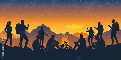Wallpaper Mural Evening Campfire Gathering: Silhouetted Hikers and Mountains Under a Starry Sky Torontodigital.ca