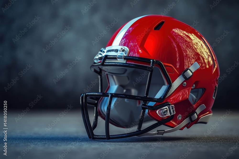 Fototapeta premium Stylish red football helmet on surface with a blurred background in natural light