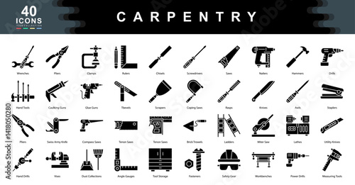 The Carpentry black icon set showcases essential hand and power tools used in woodworking, perfect for construction projects, DIY tutorials, tool guides, and skilled trades visuals.