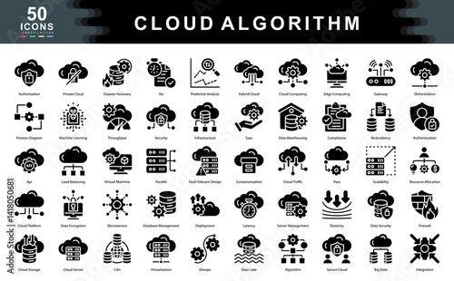 The Cloud Algorithm black icon set showcases core technologies of modern cloud architecture ideal for illustrating data infrastructure, scalability, security layers, and advanced computing strategies.