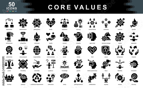 The Core Values black icon set highlights principles like integrity, passion, and collaboration ideal for defining workplace culture, leadership identity, and organizational alignment.