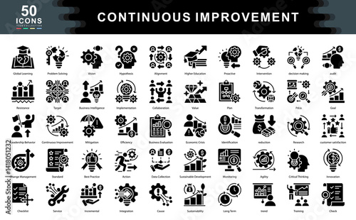 The Continuous Improvement black icon set illustrates key elements of innovation, transformation, and process optimization ideal for strategy design, quality management, and sustainable growth.