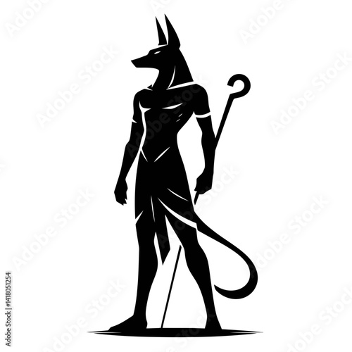 Full Body Silhouette of Anubis God in Black Vector Design, Minimalist Flat Illustration on White Background