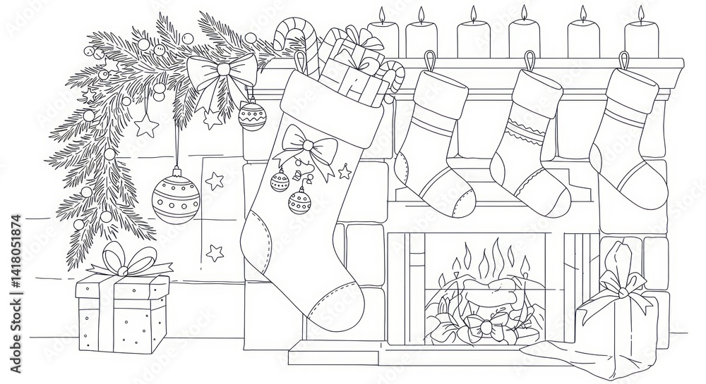 Fototapeta premium Christmas fireplace with stockings hanging on the mantelpiece and gifts around the fireplace