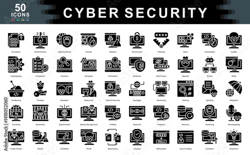 50 cybersecurity black icons illustrating encryption, threat detection, data privacy, and system defense. Ideal for IT, digital protection, and secure tech environments.