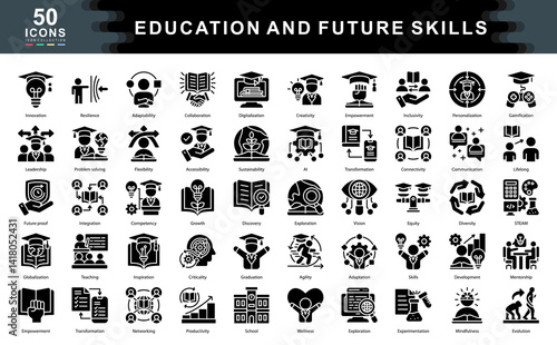 The Education and Future Skills black icon set highlights core competencies like adaptability, innovation, and digitalization. Perfect for visualizing modern learning, growth, and workforce readiness.