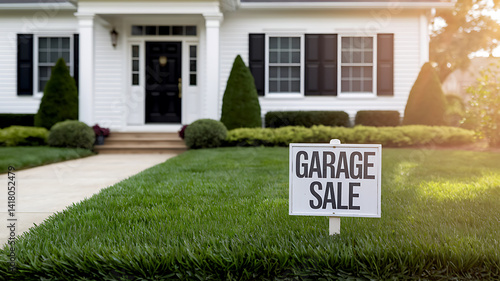 A Garage Sale sign stands in the front lawn of a well-kept suburban home with a neatly manicured garden.