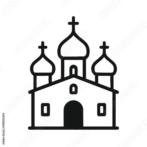 Minimal black line icon of Orthodox church with domes symbolizing faith, Eastern Christianity, and cultural architecture