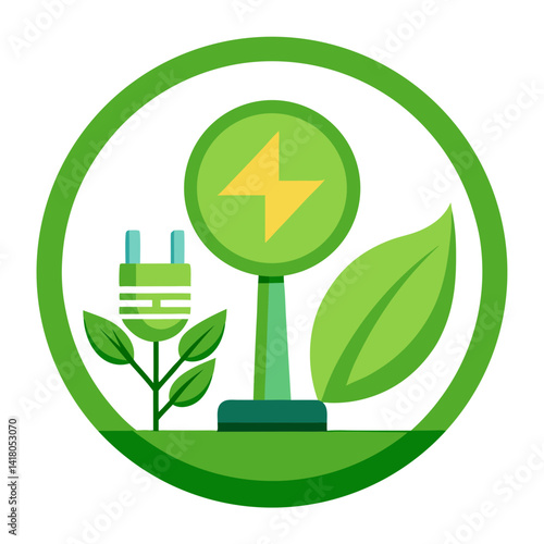 Green Energy Icon with Leaf and Electric Plug in Flat Style


