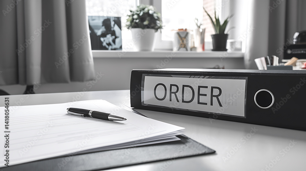 Order file pen and papers sit on a desk with a window view in a bright neutral-toned office setting.
