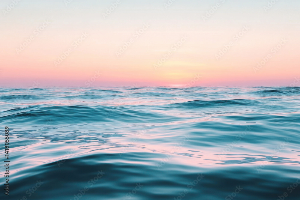 Obraz premium Sunset over ocean waves, a serene and colorful horizon blending into the water, creating a peaceful maritime scene.