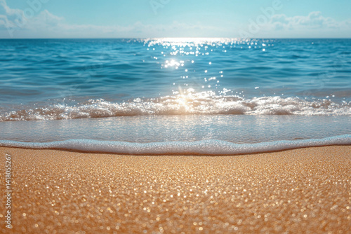 Sun shining on a peaceful beach, casting golden hues over tranquil waters and sparkling sands.