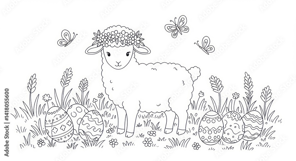 Fototapeta premium Cute Easter Lamb with Flower Crown Standing Among Decorated Eggs and Butterflies in a Spring Meadow