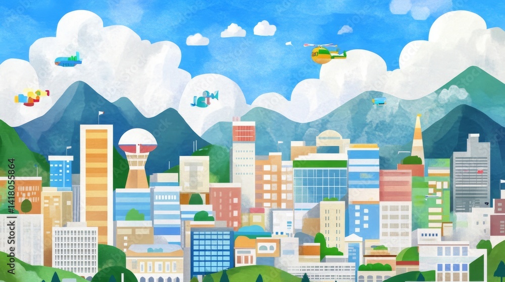 Obraz premium Whimsical city skyline under blue skies with playful planes and helicopters