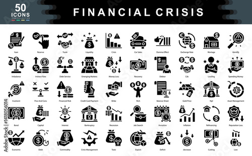 The Financial Crisis black icon set defines key drivers of economic downturns such as recession, liquidity, and risk, ideal for financial analysis, economic forecasting, and crisis management.