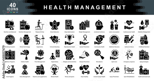 The Health Management black icon set highlights proactive strategies in wellness, disease prevention, and recovery, ideal for medical apps, fitness programs, and public health campaigns.