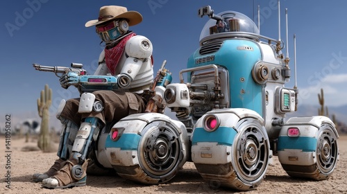 Obraz na płótnie A robotic cowboy sits beside an advanced vehicle in a stark desert environment, merging vintage western motifs with futuristic technology, creating a compelling visual narrative. w salonie